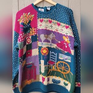 Colorful Patchwork Cape Isle Knitters Sweater - Multicolor Cute Cottagecore XL